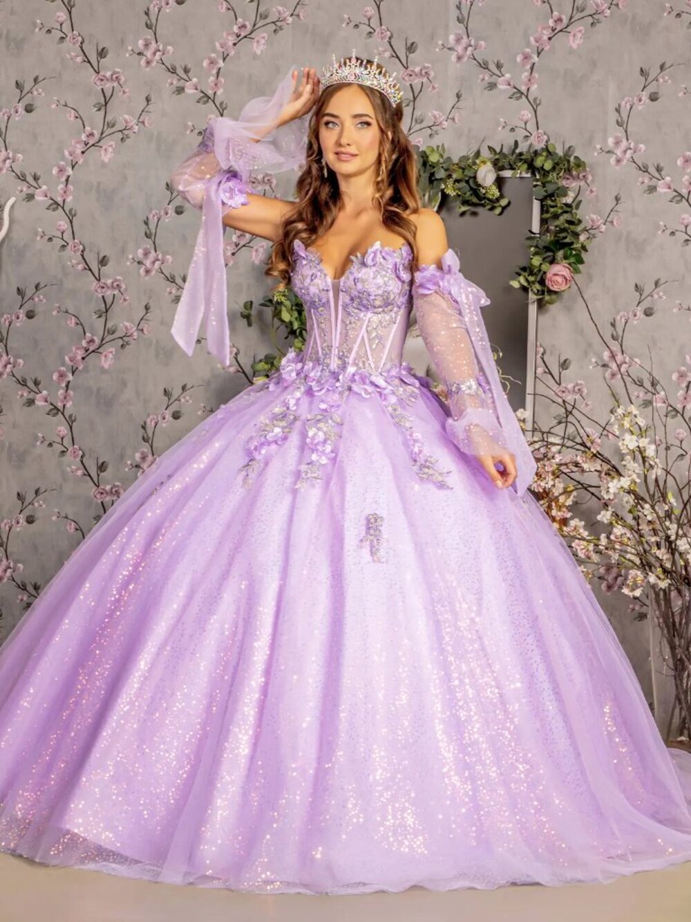 NEW LONG FORMAL FLORAL QUINCEANERA DRESS WITH ILLUSION SWEETHEART NECK GL3486